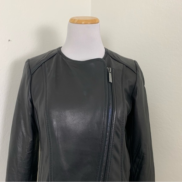 Michael Kors Genuine Leather Asymmetrical Zip Moto Jacket  Womens S Butter Black - Picture 11 of 17